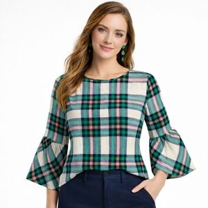 J. Crew Plaid Flannel Top Size 6 Cotton Bell Sleeve Green Pink Navy Womens Shirt